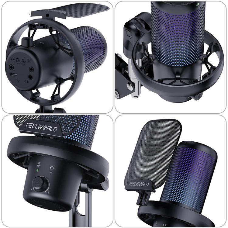 Micrófono de condensador USB para juegos FEELWORLD VM1 con cancelación de ruido y soporte con brazo articulado y luz RGB para streaming, VM1-AS