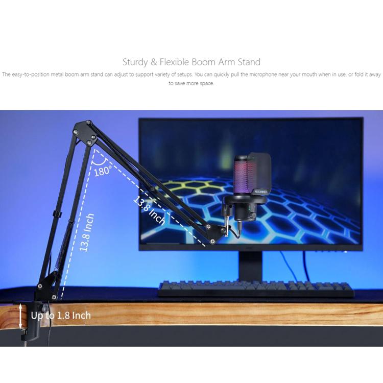 Micrófono de condensador USB para juegos FEELWORLD VM1 con cancelación de ruido y soporte con brazo articulado y luz RGB para streaming, VM1-AS