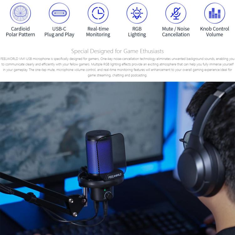 Micrófono de condensador USB para juegos FEELWORLD VM1 con cancelación de ruido y soporte con brazo articulado y luz RGB para streaming, VM1-AS