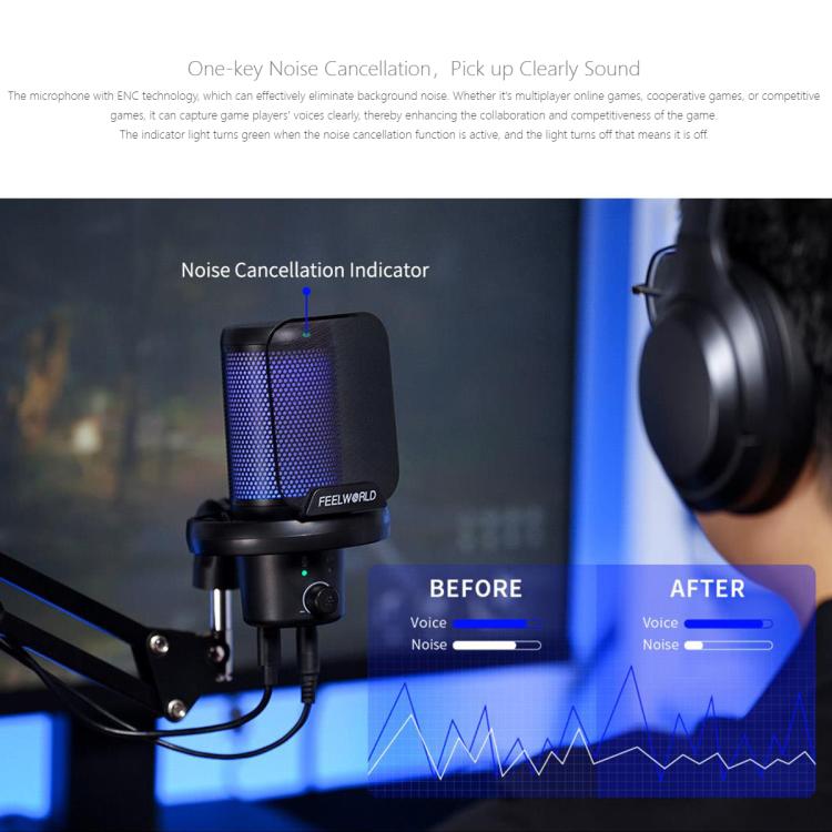 Micrófono de condensador USB para juegos FEELWORLD VM1 con cancelación de ruido y soporte con brazo articulado y luz RGB para streaming, VM1-AS