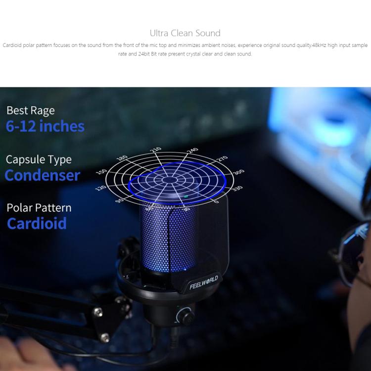 Micrófono de condensador USB para juegos FEELWORLD VM1 con cancelación de ruido y soporte con brazo articulado y luz RGB para streaming, VM1-AS
