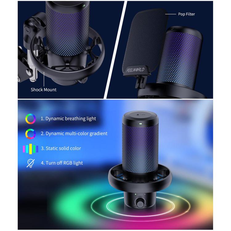 Micrófono de condensador USB para juegos FEELWORLD VM1 con cancelación de ruido y soporte con brazo articulado y luz RGB para streaming, VM1-AS
