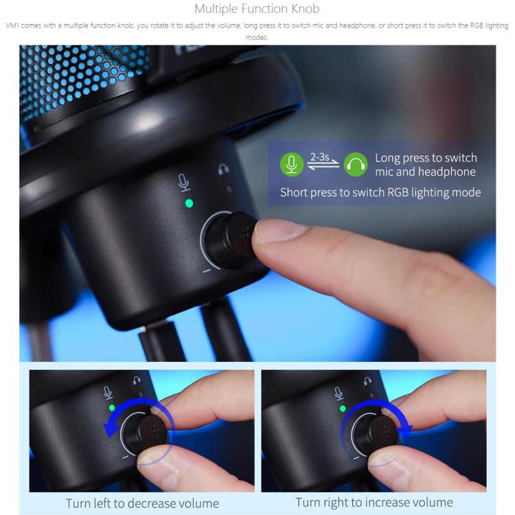 Micrófono de condensador USB para juegos FEELWORLD VM1 con cancelación de ruido y soporte con brazo articulado y luz RGB para streaming, VM1-AS