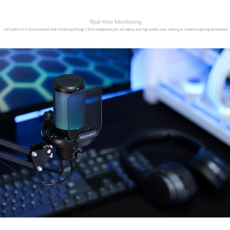 Micrófono de condensador USB para juegos FEELWORLD VM1 con cancelación de ruido y soporte con brazo articulado y luz RGB para streaming, VM1-AS