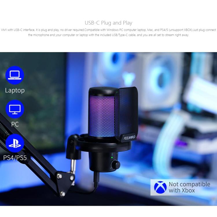 Micrófono de condensador USB para juegos FEELWORLD VM1 con cancelación de ruido y soporte con brazo articulado y luz RGB para streaming, VM1-AS