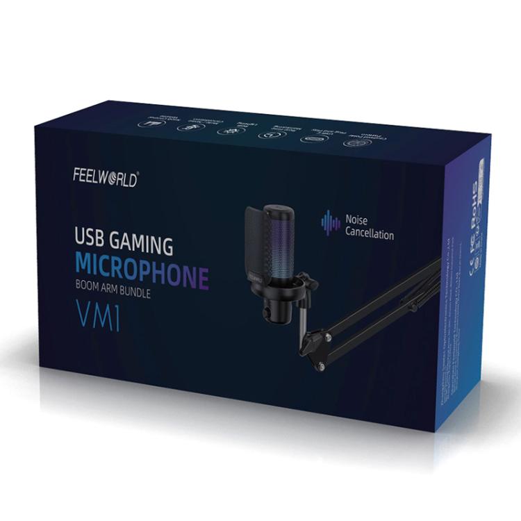 Micrófono de condensador USB para juegos FEELWORLD VM1 con cancelación de ruido y soporte con brazo articulado y luz RGB para streaming, VM1-AS