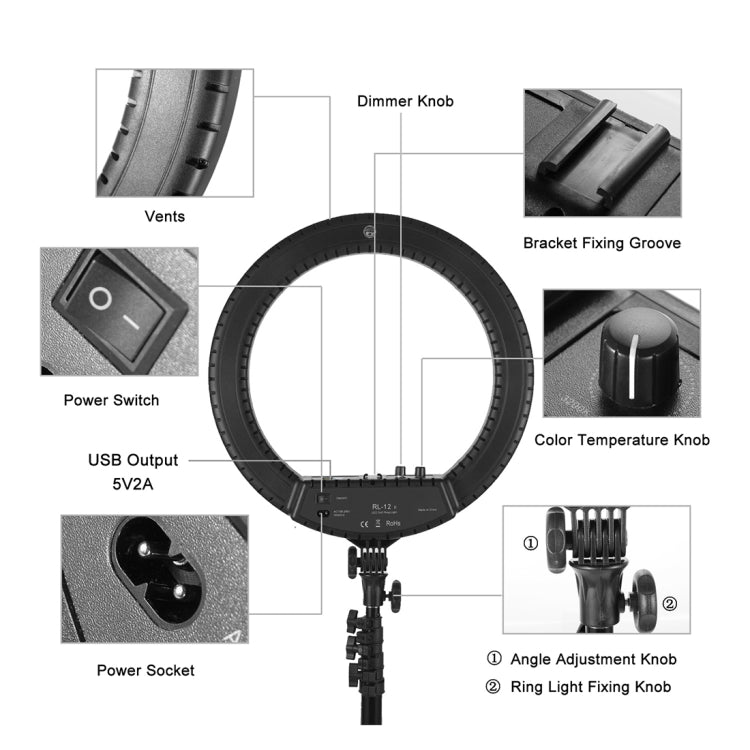 MANTOO RL-12 II 100-240V 28W 12 pulgadas Luz de relleno de anillo regulable de dos colores con trípode, 12 inch