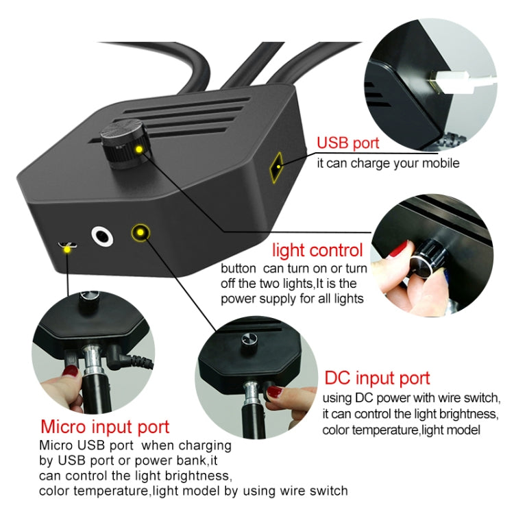 Luz de relleno de brazos dobles de brillo ajustable tricolor portátil RK39 con clip para teléfono