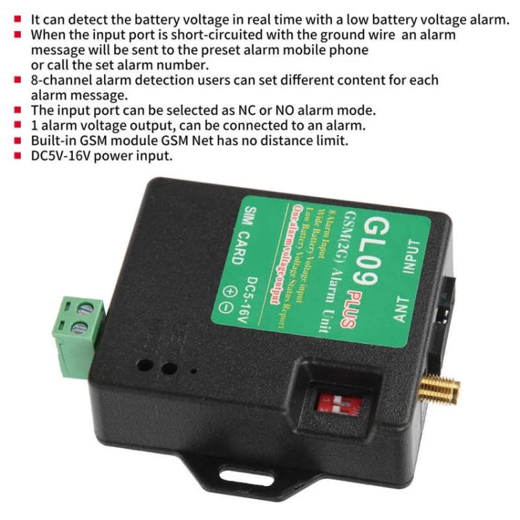 GL09 PLUS Módulo de alarma GSM de monitoreo de 8 canales de bajo consumo de energía en espera, GL09 PLUS