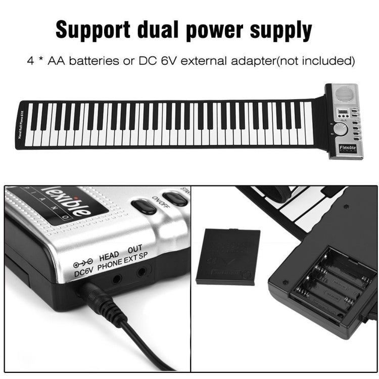 Piano de teclado suave electrónico enrollable Flexible portátil de 61 teclas con altavoces, 61 Keys
