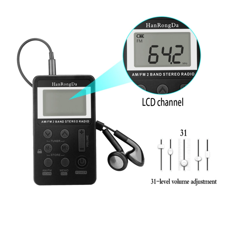 Minireceptor de radio estéreo recargable de dos bandas AM/FM portátil con pantalla LCD, conector para auriculares y cordón