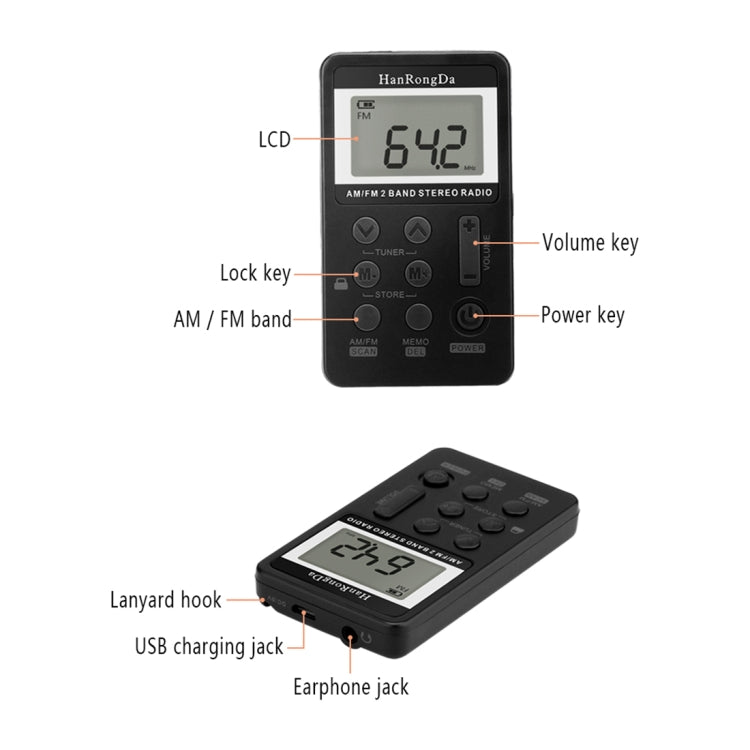Minireceptor de radio estéreo recargable de dos bandas AM/FM portátil con pantalla LCD, conector para auriculares y cordón