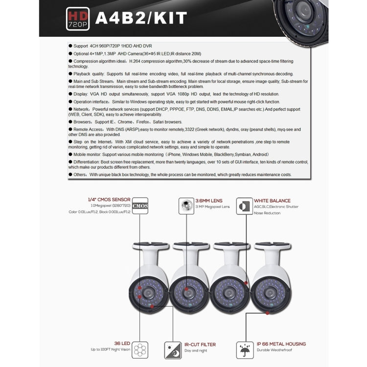 Kit NVR de cámara IP tipo bala A4B2 de 4 canales, compatible con visión nocturna/detección de movimiento, distancia IR: 20 m, A4B2/Kit 720P, A4B2/Kit 1080P, A4B2/Kit 960P