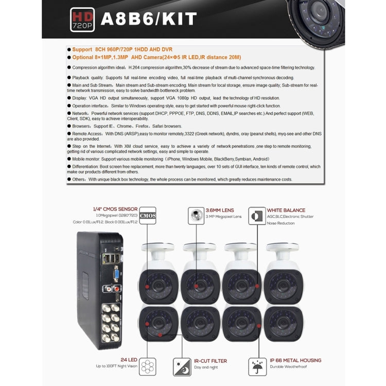 Kit NVR de cámara IP tipo bala A8B6 de 8 canales, compatible con visión nocturna/detección de movimiento, distancia IR: 15 m, A8B6/Kit 720P 1.0MP, A8B6/Kit 960P 1.3MP, A8B6/Kit 1080P 2.0MP
