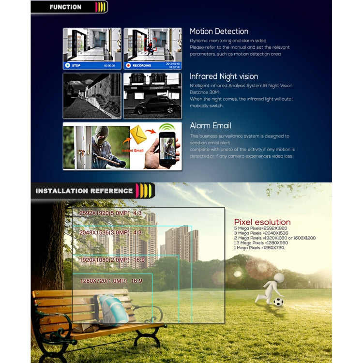 A4B3Kit 2MP 4CH 1080P Sistema de cámaras de seguridad CCTV AHD DVR Kit de vigilancia, compatible con visión nocturna/detección de movimiento