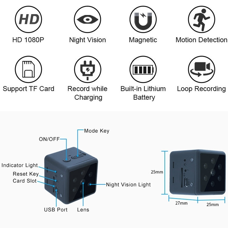 Cámara deportiva inalámbrica MD25 1080P, cámara HD inteligente portátil, compatible con visión nocturna infrarroja/detección de movimiento/tarjeta TF, MD25