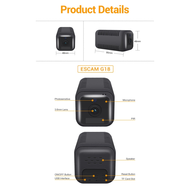 ESCAM G18 1080P Full HD Cámara IP WiFi con batería recargable, compatible con visión nocturna / detección de movimiento PIR / tarjeta TF / audio bidireccional, G18