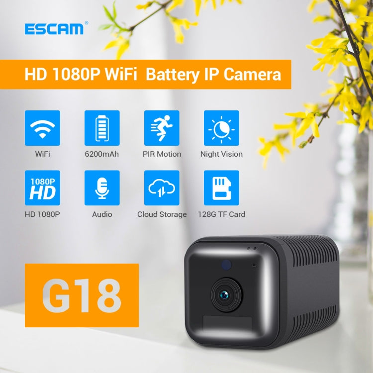 ESCAM G18 1080P Full HD Cámara IP WiFi con batería recargable, compatible con visión nocturna / detección de movimiento PIR / tarjeta TF / audio bidireccional, G18