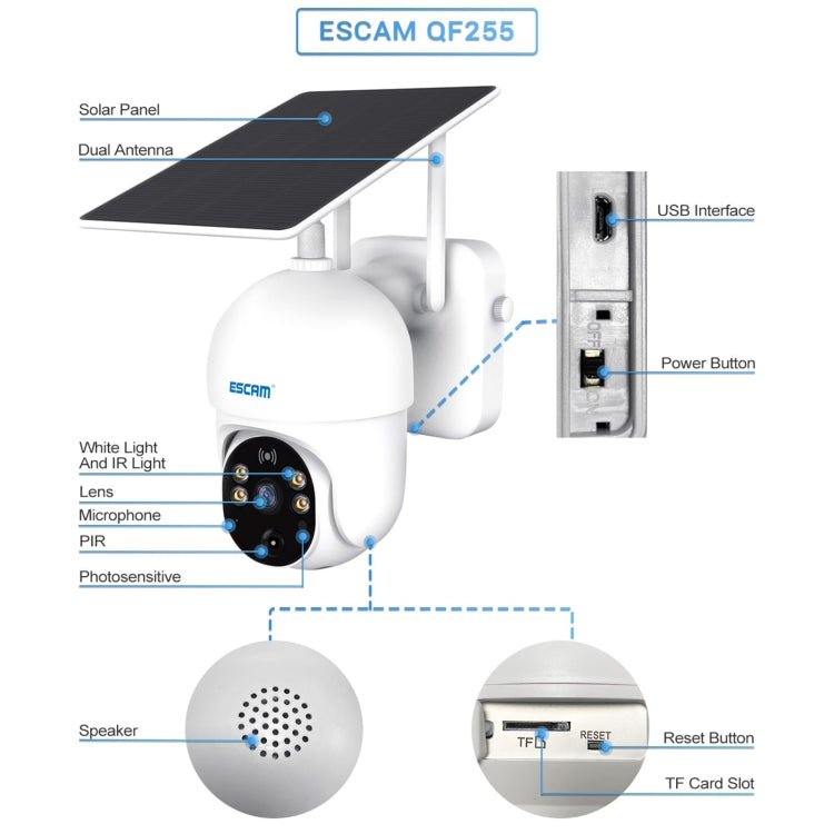 ESCAM QF255 Cámara solar WiFi de 2,0 millones de píxeles 1080P HD, compatible con voz bidireccional, detección de movimiento PIR, visión nocturna y tarjeta TF, QF255
