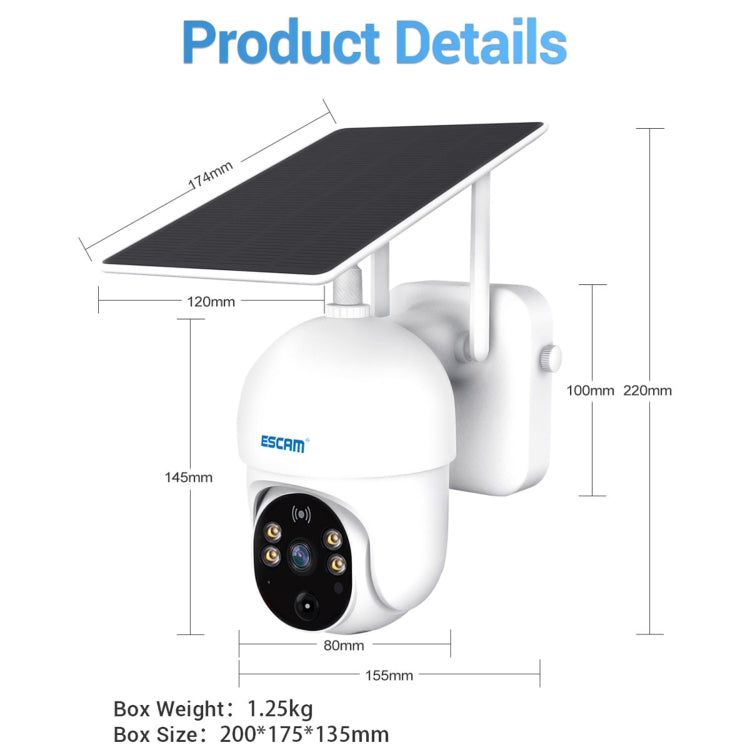 ESCAM QF255 Cámara solar WiFi de 2,0 millones de píxeles 1080P HD, compatible con voz bidireccional, detección de movimiento PIR, visión nocturna y tarjeta TF, QF255