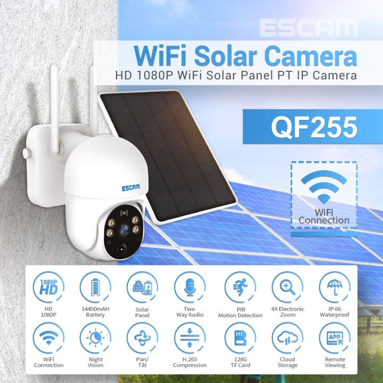 ESCAM QF255 Cámara solar WiFi de 2,0 millones de píxeles 1080P HD, compatible con voz bidireccional, detección de movimiento PIR, visión nocturna y tarjeta TF, QF255