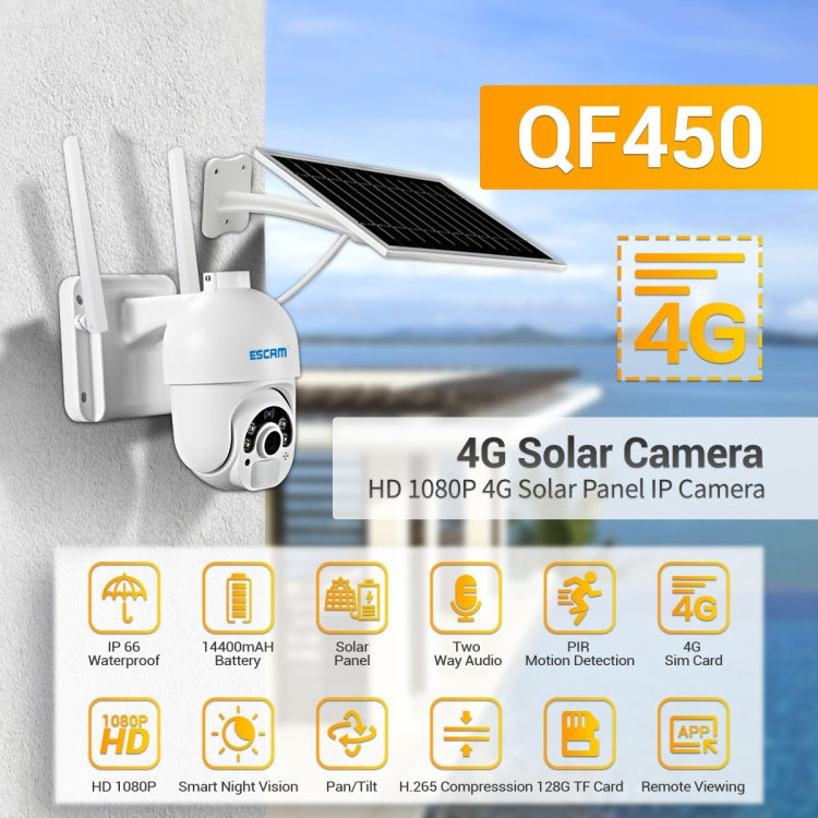 ESCAM QF450 HD 1080P 4G Cámara IP con energía solar versión UE con memoria de 128G, compatible con audio bidireccional, detección de movimiento PIR, visión nocturna y tarjeta TF, with 128G Memory