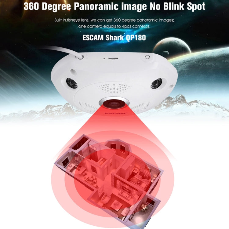 ESCAM Shark QP180 960P Lente ojo de pez de 360 grados Cámara IP WiFi de 1.3MP, compatible con detección de movimiento / visión nocturna, distancia IR: 10 m, QP180
