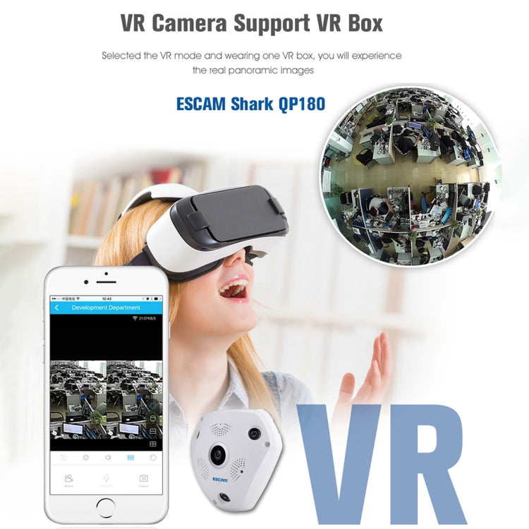 ESCAM Shark QP180 960P Lente ojo de pez de 360 grados Cámara IP WiFi de 1.3MP, compatible con detección de movimiento / visión nocturna, distancia IR: 10 m, QP180