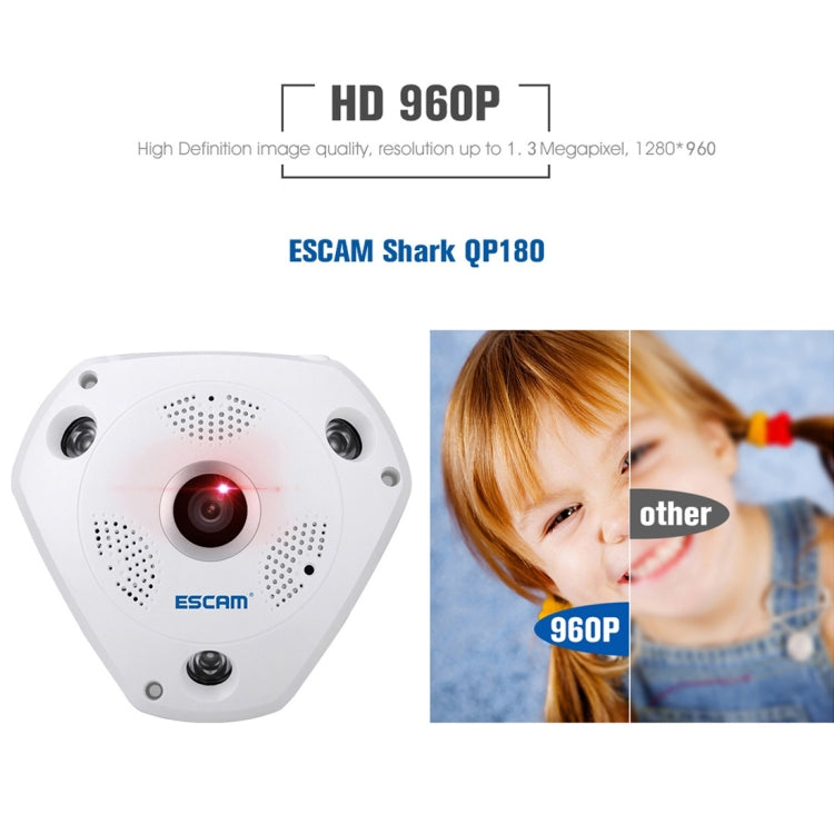 ESCAM Shark QP180 960P Lente ojo de pez de 360 grados Cámara IP WiFi de 1.3MP, compatible con detección de movimiento / visión nocturna, distancia IR: 10 m, QP180