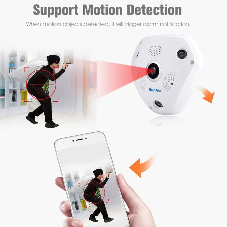 ESCAM Shark QP180 960P Lente ojo de pez de 360 grados Cámara IP WiFi de 1.3MP, compatible con detección de movimiento / visión nocturna, distancia IR: 10 m, QP180