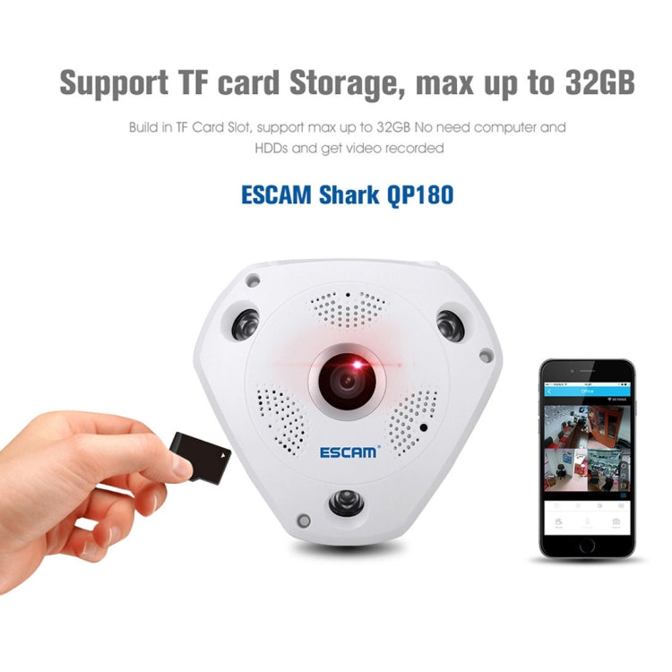 ESCAM Shark QP180 960P Lente ojo de pez de 360 grados Cámara IP WiFi de 1.3MP, compatible con detección de movimiento / visión nocturna, distancia IR: 10 m, QP180