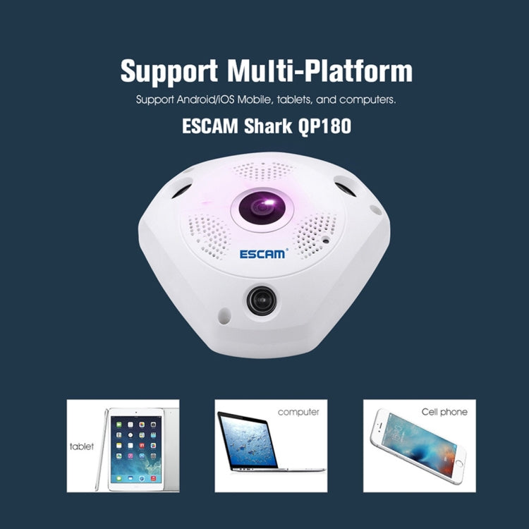 ESCAM Shark QP180 960P Lente ojo de pez de 360 grados Cámara IP WiFi de 1.3MP, compatible con detección de movimiento / visión nocturna, distancia IR: 10 m, QP180