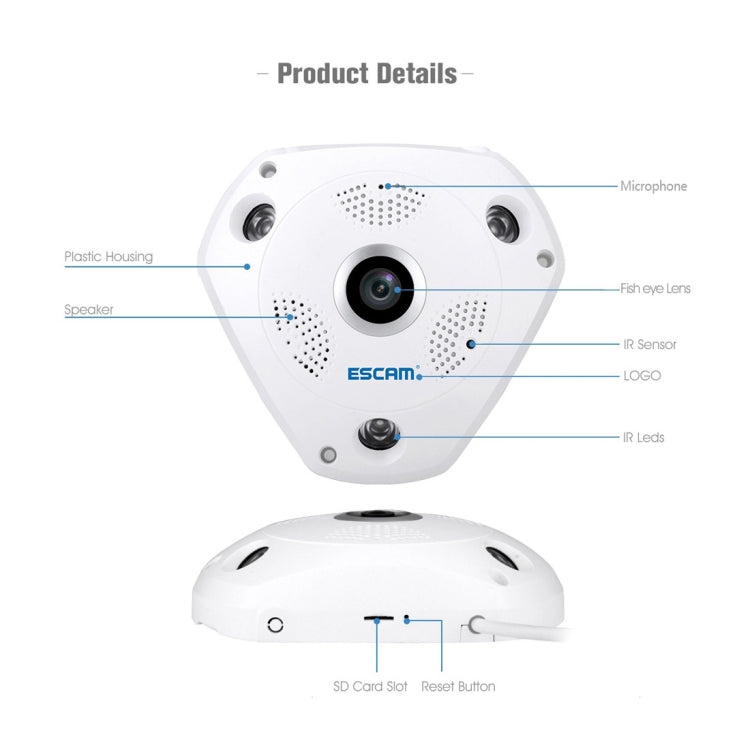 ESCAM Shark QP180 960P Lente ojo de pez de 360 grados Cámara IP WiFi de 1.3MP, compatible con detección de movimiento / visión nocturna, distancia IR: 10 m, QP180