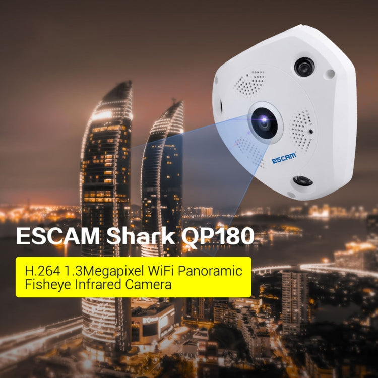 ESCAM Shark QP180 960P Lente ojo de pez de 360 grados Cámara IP WiFi de 1.3MP, compatible con detección de movimiento / visión nocturna, distancia IR: 10 m, QP180