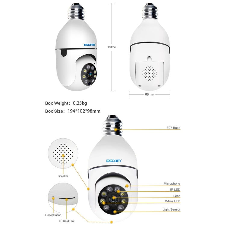 Cámara WiFi con bombilla ESCAM PT208 1080P HD, compatible con detección de movimiento, audio bidireccional, visión nocturna, tarjeta TF, ESCAM PT208