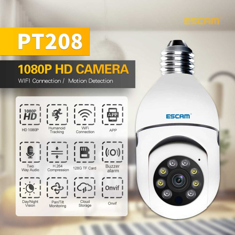 Cámara WiFi con bombilla ESCAM PT208 1080P HD, compatible con detección de movimiento, audio bidireccional, visión nocturna, tarjeta TF, ESCAM PT208