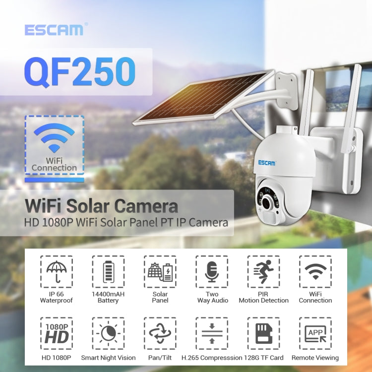 ESCAM QF250 HD 1080P WiFi Cámara IP con Panel Solar, Admite Detección de Movimiento/Visión Nocturna/Tarjeta TF/Audio Bidireccional, QF250