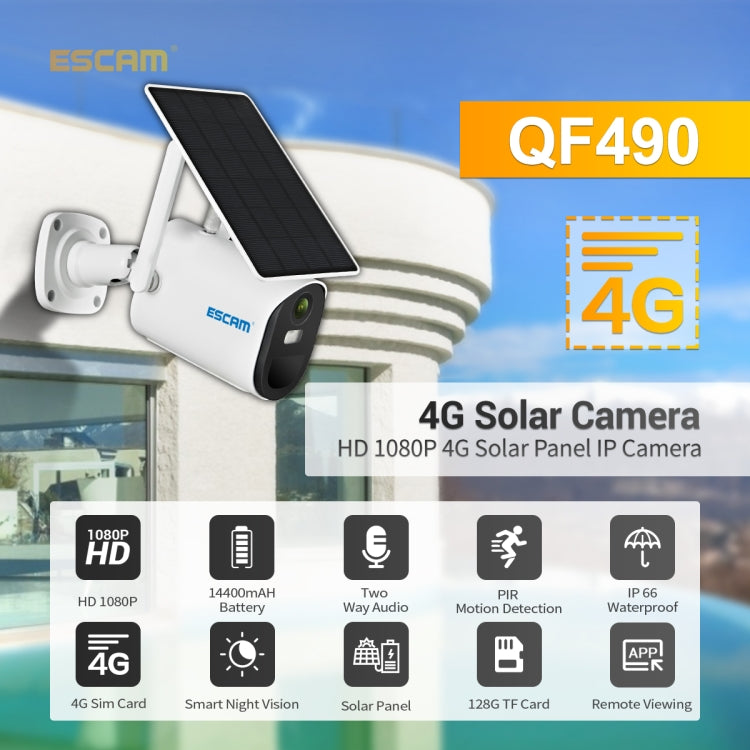 Cámara IP con panel solar ESCAM QF490 HD 1080P 4G 3.8W, versión UE, EU Version