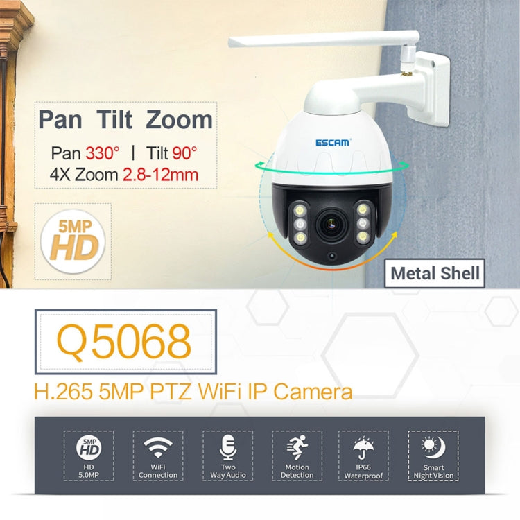 ESCAM Q5068 H.265 5MP Pan / Tilt / 4X Zoom WiFi Cámara IP impermeable, compatible con ONVIF conversación bidireccional y visión nocturna, enchufe AU, EU Plug, AU Plug, UK Plug, US Plug