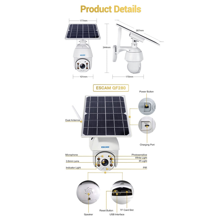 ESCAM QF280 HD 1080P IP66 Cámara IP PT con panel solar WiFi resistente al agua sin batería, compatible con visión nocturna / detección de movimiento / tarjeta TF / audio bidireccional, without Battery