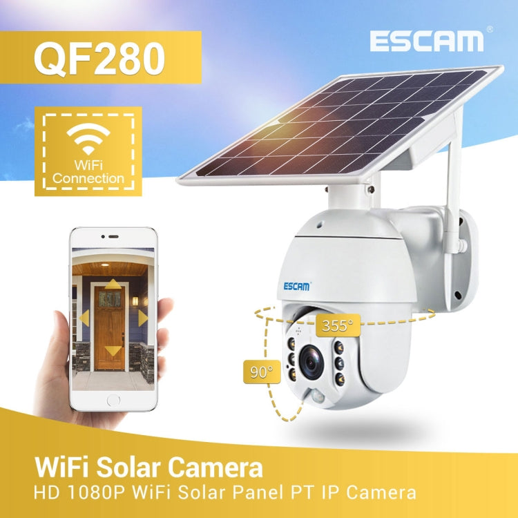 ESCAM QF280 HD 1080P IP66 Cámara IP PT con panel solar WiFi resistente al agua sin batería, compatible con visión nocturna / detección de movimiento / tarjeta TF / audio bidireccional, without Battery