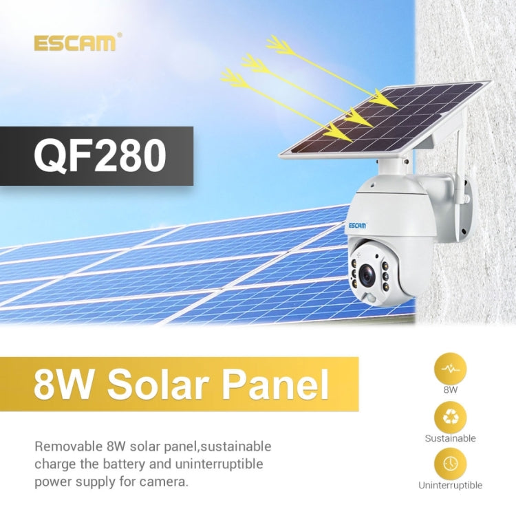 ESCAM QF280 HD 1080P IP66 Cámara IP PT con panel solar WiFi a prueba de agua con batería, soporte de visión nocturna / detección de movimiento / tarjeta TF / audio bidireccional, with Battery