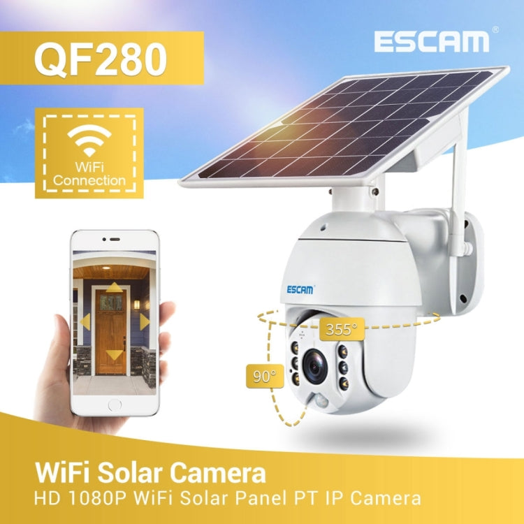 ESCAM QF280 HD 1080P IP66 Cámara IP PT con panel solar WiFi a prueba de agua con batería, soporte de visión nocturna / detección de movimiento / tarjeta TF / audio bidireccional, with Battery
