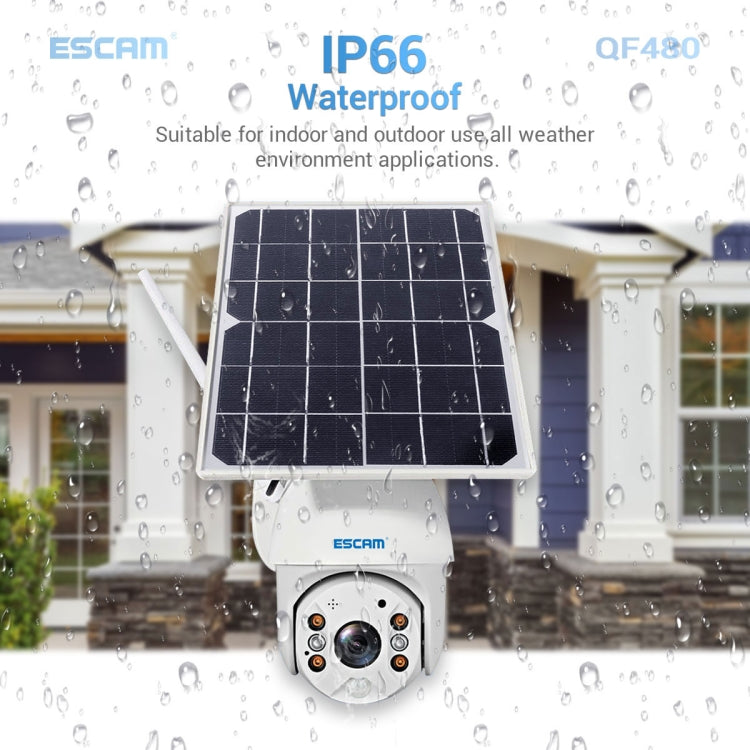 ESCAM QF480 Versión de EE. UU. HD 1080P IP66 Cámara IP PT con panel solar 4G a prueba de agua sin batería, compatible con visión nocturna / detección de movimiento / tarjeta TF / audio bidireccional, without Battery(US Version)