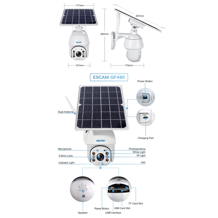 ESCAM QF480 Versión de EE. UU. HD 1080P IP66 Cámara IP PT con panel solar 4G a prueba de agua sin batería, compatible con visión nocturna / detección de movimiento / tarjeta TF / audio bidireccional, without Battery(US Version)