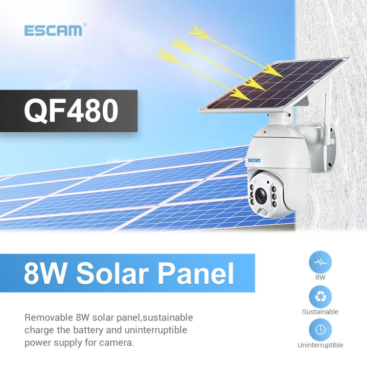 ESCAM QF480 Versión de EE. UU. HD 1080P IP66 Cámara IP PT con panel solar 4G a prueba de agua sin batería, compatible con visión nocturna / detección de movimiento / tarjeta TF / audio bidireccional, without Battery(US Version)