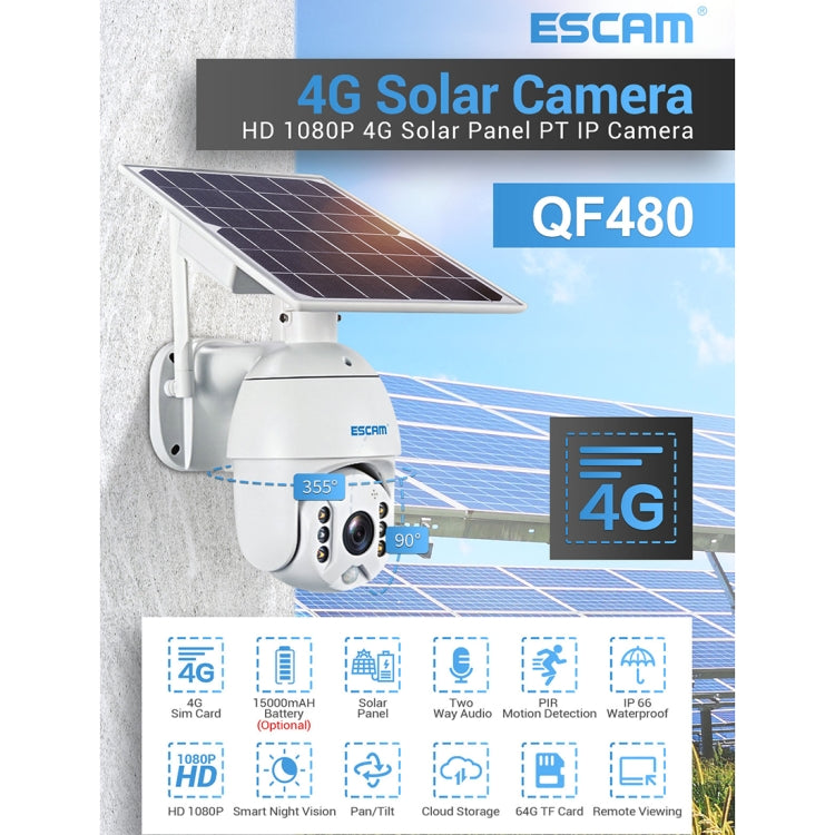 ESCAM QF480 Versión UE HD 1080P IP66 Cámara IP PT con panel solar 4G a prueba de agua sin batería, compatible con visión nocturna / detección de movimiento / tarjeta TF / audio bidireccional, without Battery(EU Version)