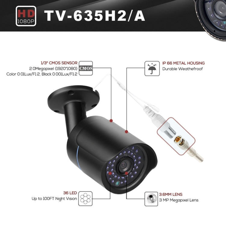 TV-635H2/A Cámara AHD impermeable IP66 1920x1080P, lente con sensor CMOS de 2 MP de 1/2,7 pulgadas, detección de movimiento, visión nocturna por infrarrojos de 20 m, certificación CE y RoHS, TV-635H2/A