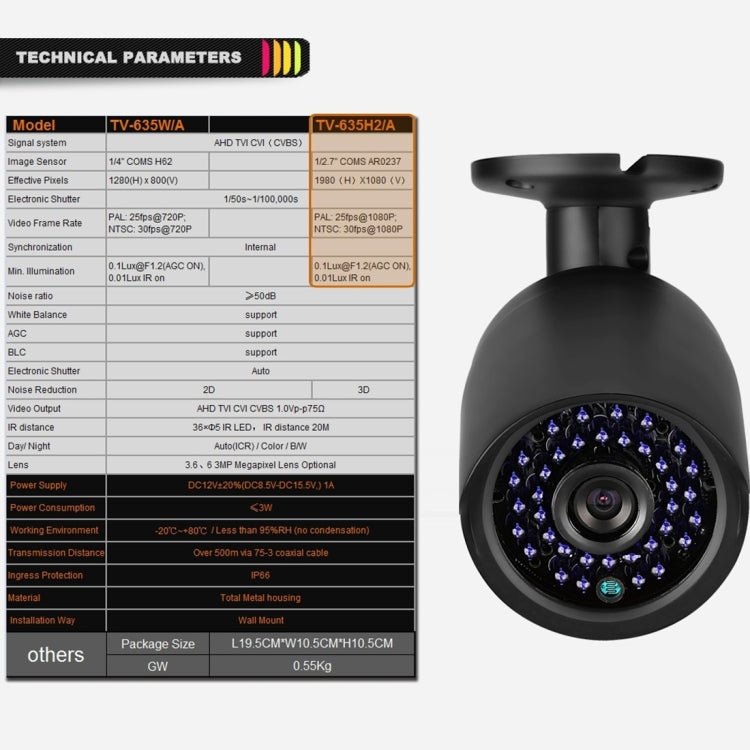 TV-635H2/A Cámara AHD impermeable IP66 1920x1080P, lente con sensor CMOS de 2 MP de 1/2,7 pulgadas, detección de movimiento, visión nocturna por infrarrojos de 20 m, certificación CE y RoHS, TV-635H2/A