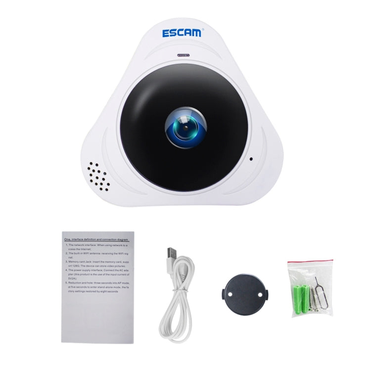 ESCAM Q8 960P Lente ojo de pez de 360 grados Cámara IP WiFi de 1.3MP, compatible con detección de movimiento / visión nocturna, distancia IR: 5-10 m, enchufe AU, Q8 US Plug, Q8  AU Plug, Q8 EU Plug, Q8 UK Plug